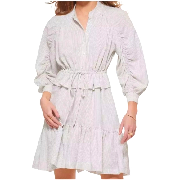 NEW Calvin Klein Tie Waist Ruched Sleeve Seersucker Shirtdress - Picture 4 of 8